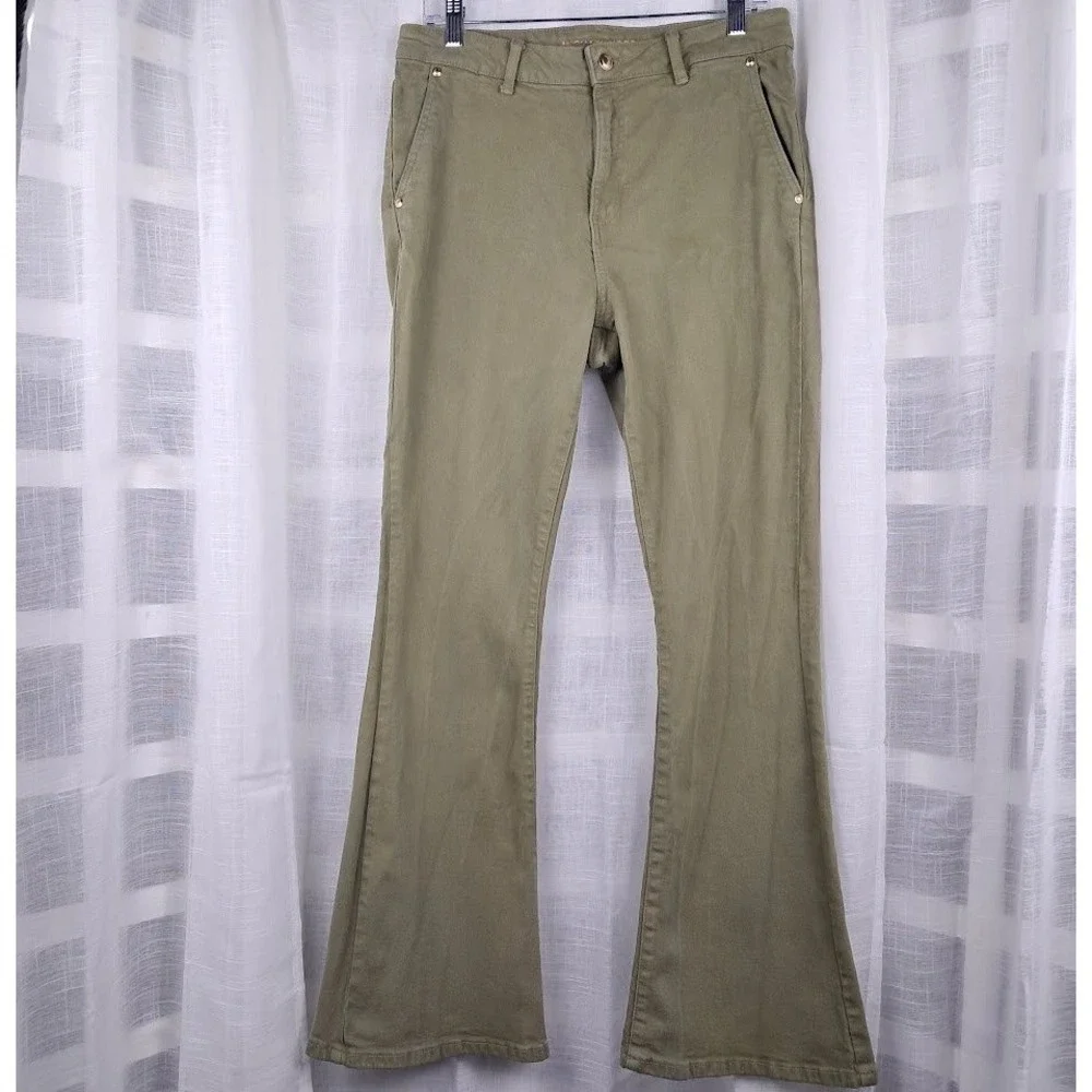 Michael Kors 10 High Rise Selma Flare Jeans Olive Green Stretch Retro 70s-Style